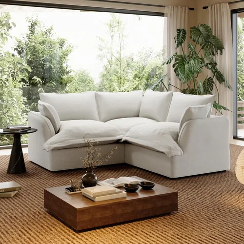 Vista 18 de Sofá modular de mezcla de lino para sala de estar, cómodo sofá modular con relleno de plumón, moderno sofá cama convertible con asiento profundo
