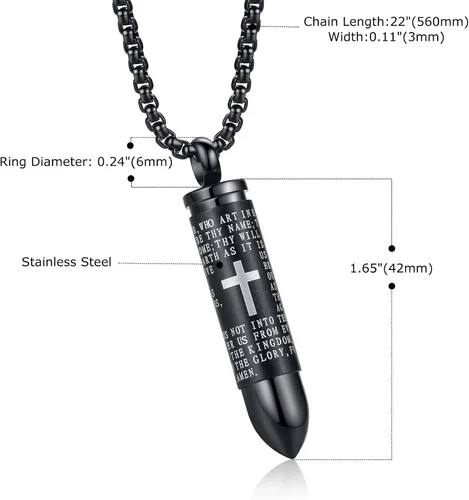 Vista 6 de Moniya - Collar con dije de acero inoxidable con forma de bala como urna para cenizas y oración estampada en inglés cadena de 22 pulgadas