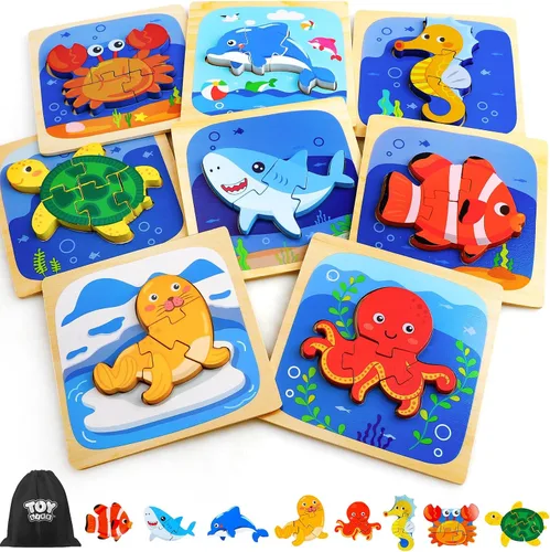 Vista 9 de TOY Life Rompecabezas de madera para niños pequeños de 2 a 4 años, rompecabezas de animales marinos para niños pequeños de 1 a 3, rompecabezas
