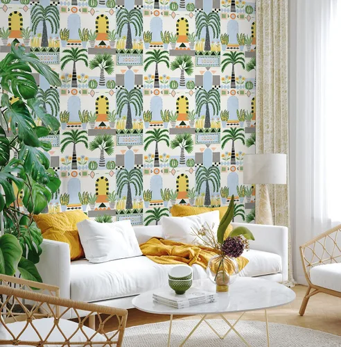 Vista 2 de NextWall Papel tapiz de fachada tropical para despegar y pegar (azul cielo y blanco roto)