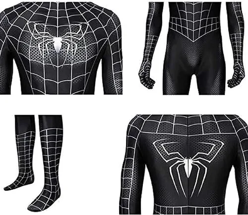 Vista 2 de PEFGRP El disfraz de superhéroe negro de Halloween está hecho de tela de elastano, transpirable y elástica