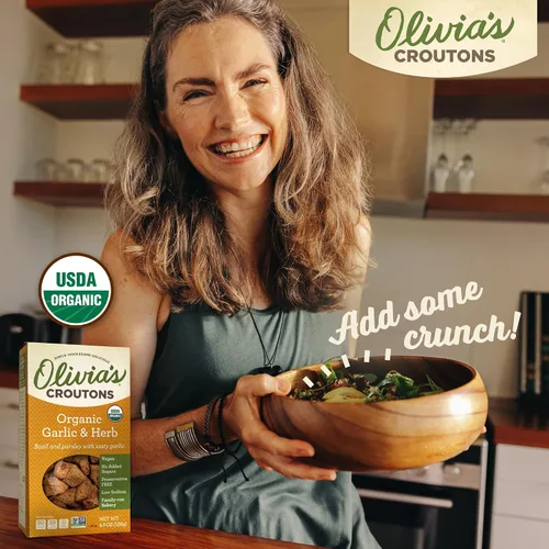 Vista 3 de Crutones orgánicos de ajo y hierbas para ensalada - Toppings de ensalada crujiente de ajo - Crutones veganos orgánicos - Crutones de ajo - Crutones