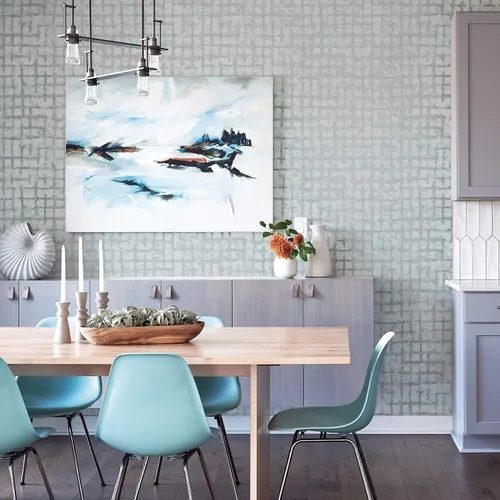 Vista 2 de Scott Living 2964-87347 Papel pintado geométrico envejecido azul cielo de karité
