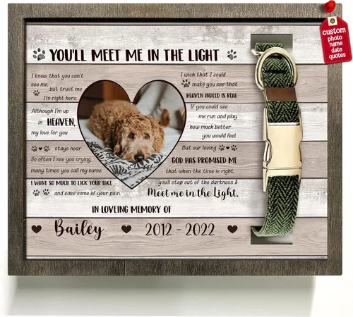 Vista 9 de Marco de madera personalizado con foto de perro con nombre para fotos, recuerdo de mascotas, con soporte para collar, regalo de recuerdo con cita