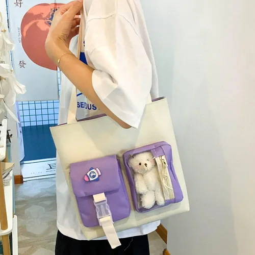 Vista 4 de Mochila escolar estética kawaii, juego de 5 piezas con bonitos pines colgantes de oso, mochila pequeña para laptop, kit esencial Púrpura