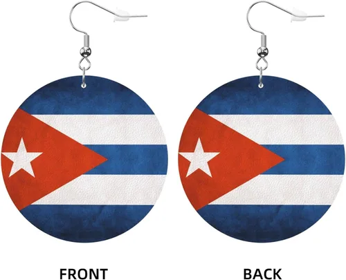 Vista 2 de Pendientes redondos para mujeres y niñas, con bandera cubana, aretes ligeros, Cuero sintético, No es una piedra preciosa