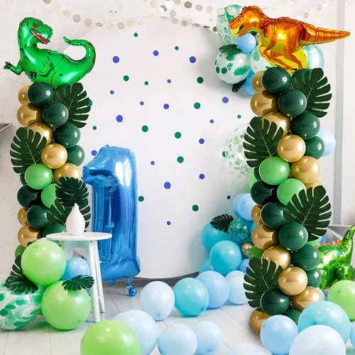 Vista 6 de Juego de 2 soportes de columna de globos de dinosaurio, kit de columna de globos de oro verde y verde ajustable con temática de dinosaurio