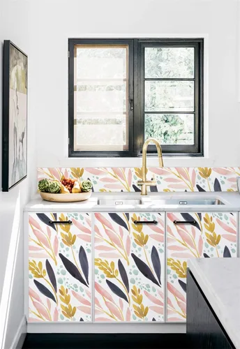 Vista 3 de HaokHome - Papel tapiz adhesivo para repisas, vinilo, bosque en acuarela, diseño floral, color blanco, rosa, azul marino y amarillo, removible, 17.7