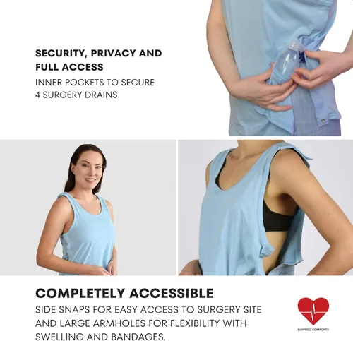 Vista 23 de Inspired Comforts Camiseta sin mangas de recuperación de mastectomía poscirugía con bolsillo de drenaje y acceso a presión
