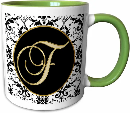 Vista 7 de 3dRose Image of The Script Letter F in Black White and Gold 11oz Two-Tone Black Mug