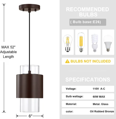 Vista 3 de 1 Light 2 Pack Hanging Indoor Kitchen Island Pendant Light 6" Drum Glass Shade Pendant Ceiling Light Fixtures Modern Farmhouse Dinning Over Sink