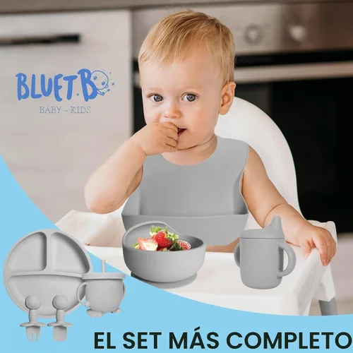Vista 7 de Bluet B - Set de alimentación de bebé de silicona con chupete - Suministros de destete LED para bebés - Cucharas para bebés, cuenco de succión Gris