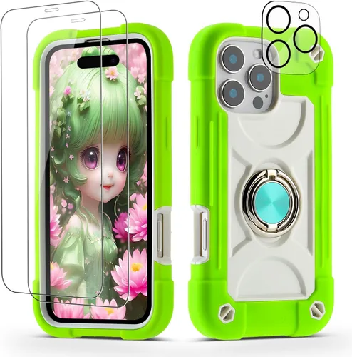 Vista 14 de Funda para iPhone 11 de 6.1 pulgadas con soporte de anillo, con 2 protectores de pantalla de vidrio, resistente a los golpes, resistente a