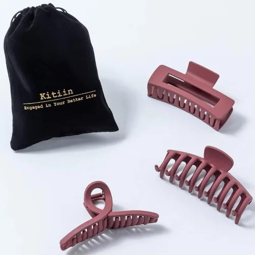 Vista 5 de Pinzas grandes para el cabello grueso, fino y fino, dientes de sujeción fuerte, pinzas de mandíbula granate entrelazadas para mujeres, juego de 3