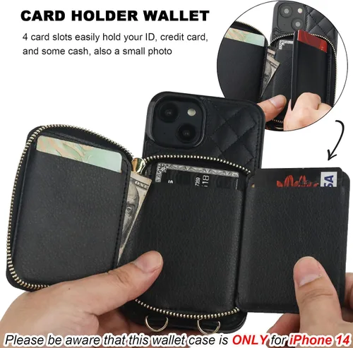 Vista 4 de Bocasal Funda tipo cartera cruzada para iPhone 14, con bloqueo RFID, de piel sintética, con cremallera, funda tipo cartera con función atril