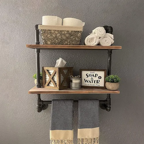 Vista 16 de MBQQ Estantes de tubería para baño en negro y blanco con toallero sobre el inodoro, estantes flotantes de 24 pulgadas de madera de pino para montaje