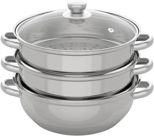Vista 11 de Cocina de vapor de acero inoxidable de 5 capas, vaporizador de 11 pulgadas para cocinar alimentos, tapa de vidrio, adecuada para tamales, verduras