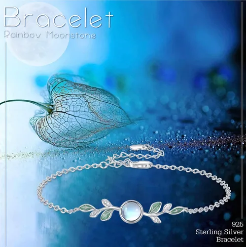Vista 5 de ConBo Moonstone Leaf Bracelet S925 Sterling Silver Leaf Moonstone Jewelry Gift for Mother Mom Wife Moonstone Bracelet for Women Girls Birthday