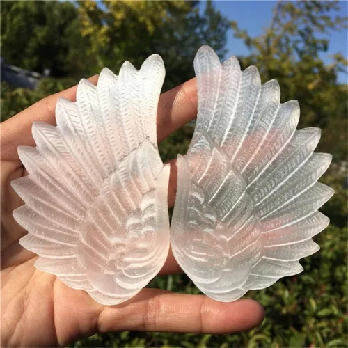 Vista 5 de Selenita natural, un par de alas con stents dorados, alas de ángel talladas a mano, muestras minerales, decoración del hogar, curación de reiki