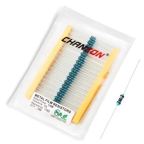 Vista 64 de Chanzon 100pcs 1/2W (0.5W) 1 Ω ohmios Resistencia fija de película metálica 0.01 ±1% Tolerancia 1R MF Orificio pasante Resistencias limitadoras