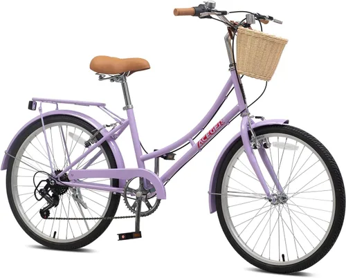 Vista 13 de ACEGER Girls Bike with Rattan Basket for 10+ Years, 24" 26" 1 & 7 Speed Comfort Commute Bicycle, Included Dual Brakes & Seat Rack, Adjustable