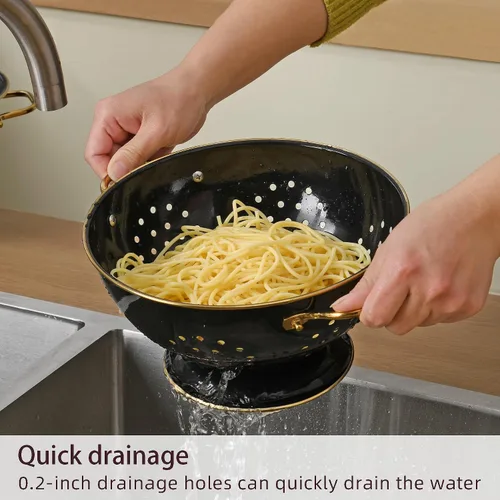 Vista 3 de Juego de 2 coladores de metal, 3,3 L con recubrimiento en polvo, base de anillo sólido autodrenante, colador grande de metal para cocina, pasta