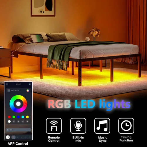 Vista 6 de HAVONIZD Marco de Cama Full con Luces LED y Estación de Carga - Marco de Cama de Plataforma de Metal Resistente de 18 Pulgadas Sin Necesidad