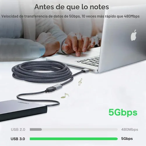 Vista 2 de Cable de extensión USB 3.0 de 1 pie/1.0 ft, cable extensor USB tipo A, macho a hembra, cable de transferencia de datos de 5 Gbps para PlayStation