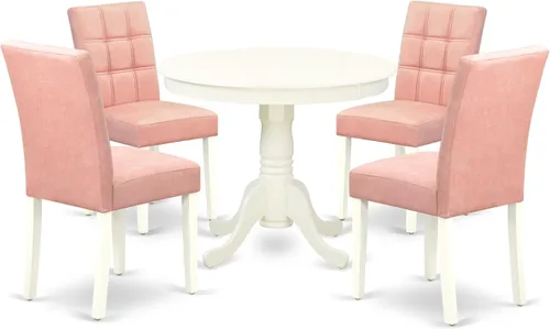 Vista 18 de East West Furniture ANAS3-AWA-08 Juego de mesa de comedor de cocina de 3 piezas contiene una mesa moderna y 2 sillas de comedor tapizadas de tela