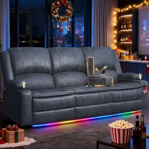 Vista 45 de Sofá reclinable de 3 plazas, sofá reclinable con consola elevable (tela, azul) Reclining Sofa with USB Removable Armrest, RV Sofa with Cup Holder