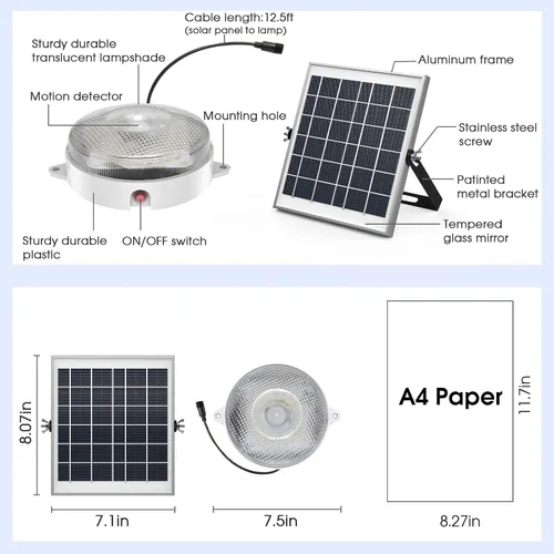 Vista 8 de Luz solar de techo con sensor de movimiento, regulable 6000 K/4000 K/3200 K, 5 modos disponibles durante el día, luces solares de cobertizo