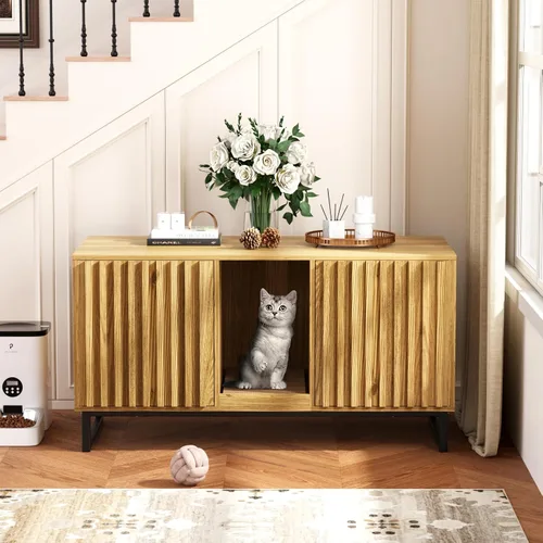 Vista 18 de Halitaa Caja de Arena para Gatos, Mueble Moderno de Caja de Arena para Gatos Caja de Arena Oculta con Almohadilla para Rascar, Mesa Auxiliar Casa