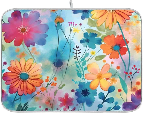 Vista 24 de Linda alfombrilla de secado de platos con hongos y plantas silvestres para encimera de cocina, almohadilla absorbente de microfibra, mediana 16x18