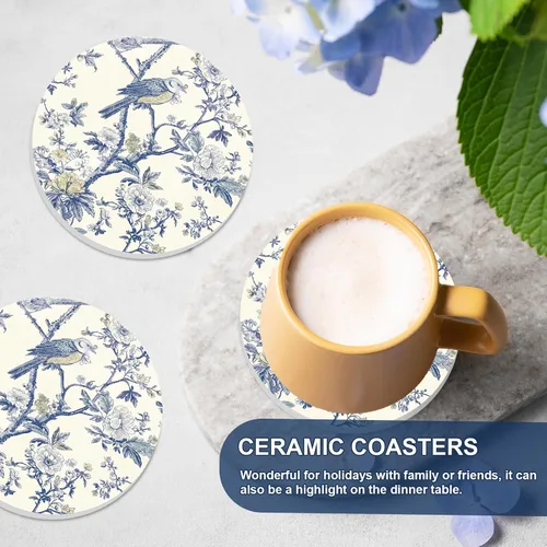 Vista 3 de FYSUIMU 4 posavasos florales para pájaros, chinoiserie, diseño de flores azules, de cerámica, absorbentes, para el hogar, cocina, oficina, fiesta