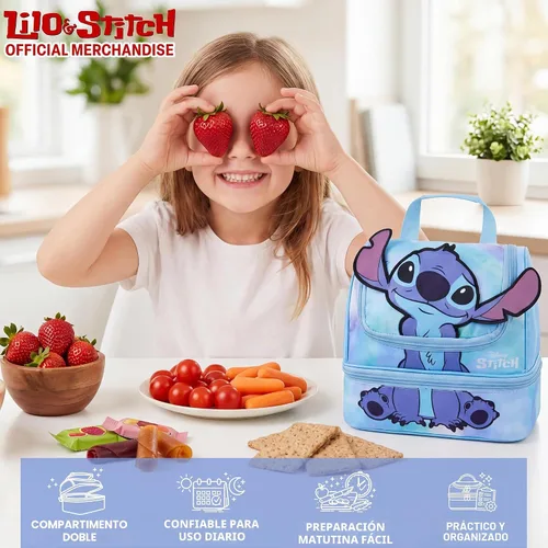 Vista 2 de Get Trend Disney Stitch Girls 3D Insulated Lunch Bag with Two Compartments Reusable Kids Snack Bag, Zipped Cooler Bag with Carry Handle, Picnic Blue