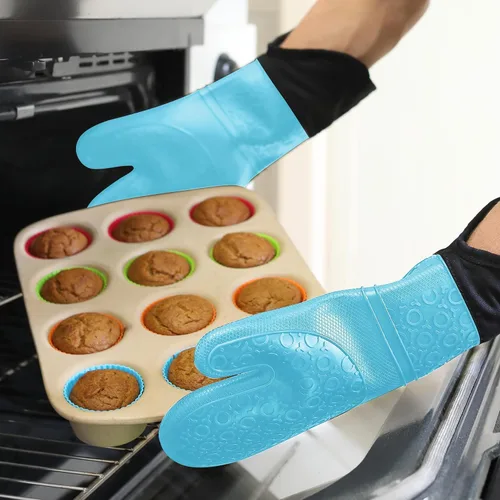 Vista 8 de HOMWE - Manopla de horno profesional y extralarga de silicona, guantes con forro acolchado, agarraderas resistentes al calor, guantes flexibles
