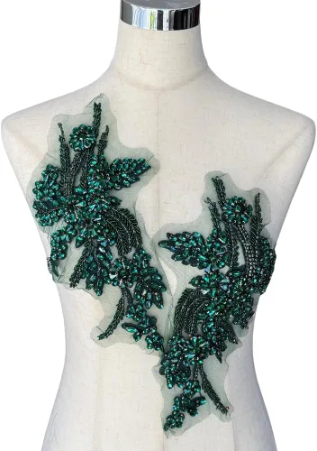 Vista 25 de Parches de Apliques de Ropa DIY con Cuentas de Pedrería Hechos a Mano, Aplique con Cuentas para Decoración de Vestido de Novia Color Verde Oscuro AB