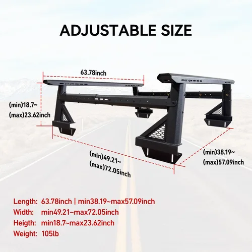 Vista 2 de Estante Universal para Cama de Camión de Servicio Pesado - Altura Ajustable, Extensible, Barras Transversales de Aluminio para la Mayoría