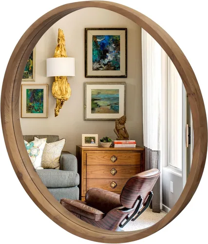 Vista 10 de Espejo redondo de madera de 35 pulgadas, espejo de pared circular rústico con biselado, espejos redondos de madera para decoración de pared, espejos