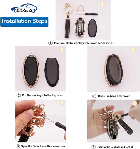 Vista 4 de EKALA Funda para llavero Nissan, 5 botones, TPU suave, funda completa de protección con llaveros de cuero, color negro y dorado, apta para Nissan