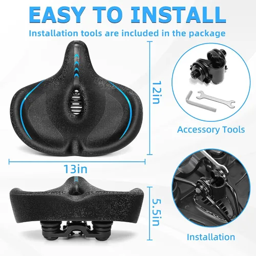 Vista 7 de CDYWD Asiento de bicicleta de gran tamaño para hombres y mujeres, cojín de asiento de bicicleta extra ancho, cómodo acolchado suave, asiento de Azul