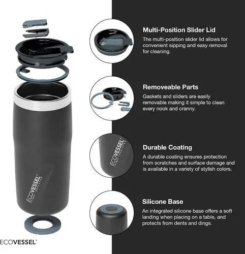 Vista 3 de EcoVessel METRO - Vaso de acero inoxidable al vacío, botella de agua aislada, taza de café de viaje con tapa deslizante y base antideslizante, taza