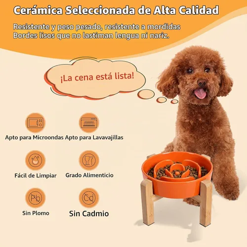 Vista 5 de Comedero Lento Elevado para Perros - Plato de Comida de Laberinto de Cerámica con Soporte de Bambú - Comedero Elevado para Comedores Rápidos - Ideal