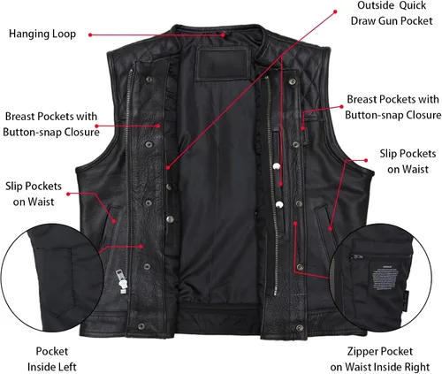 Vista 4 de GARGOYLE BELLS Chaleco de cuero para hombre, estilo SOA, con bolsillos para pistolas, chaleco para motociclista, para hombre Negro con acolchado