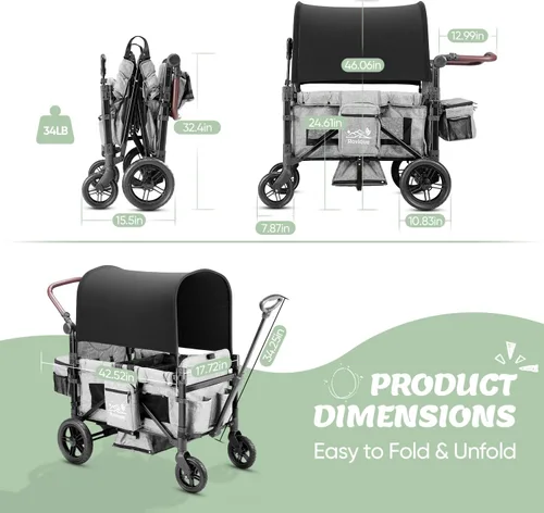 Vista 9 de Cochecito para 2 niños, carrito premium para niños con toldo extraíble, bandeja para snacks, cuna convertible para bebé, arnés de seguridad de 5 Gris