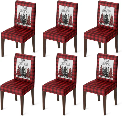 Vista 8 de Horaldaily 4 fundas para sillas de comedor de Navidad, diseño de árboles de búfalo negro, elástico, extraíble, lavable, protector de silla
