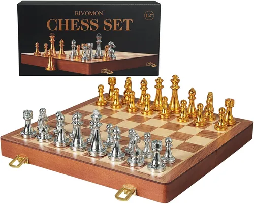 Vista 8 de BIVOMON Juego de ajedrez de metal para adultos y niños, tablero de ajedrez de madera plegable de 12 pulgadas con piezas de ajedrez de metal, juego
