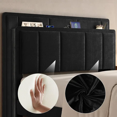 Vista 4 de Base de cama de tamaño matrimonial, cama de plataforma tapizada con 2 cajones de almacenamiento, cabecera de canal vertical de terciopelo con luces