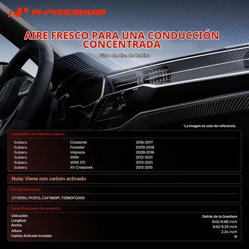 Vista 2 de Filtro de aire de cabina A-Premium con carbón activado compatible con modelo Subaru - Crosstrek 2016-2017, Forester 2009-2018, Impreza 2008-2016