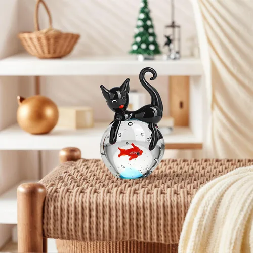 Vista 7 de QFkris Figura de gato negro de vidrio soplado, escultura de animales de cristal de 1.6 pulgadas, figuras coleccionables de arte de gatos y peces